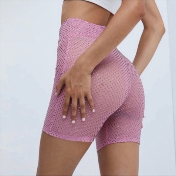NWT For Love And Lemons Kiara Pink Mesh Studded Rhinestone Bike Shorts XXS Shine - Picture 1 of 5